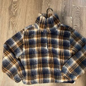 Lazy Sunday Plaid Sherpa Quarter-Zip Fleece Pullover - Blue & Tan - Size M